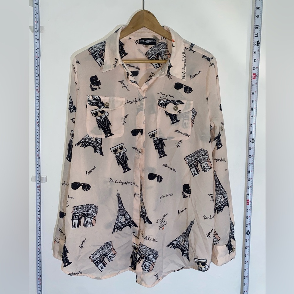 Karl Lagerfeld Paris Long Sleeve Blouse Pink Eiffel Tower Top Women's Size L